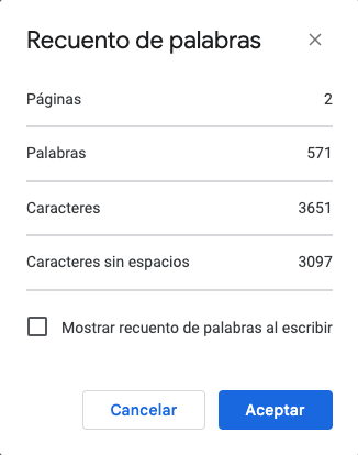 Recuento palabras, páginas y caracteres en Google Docs